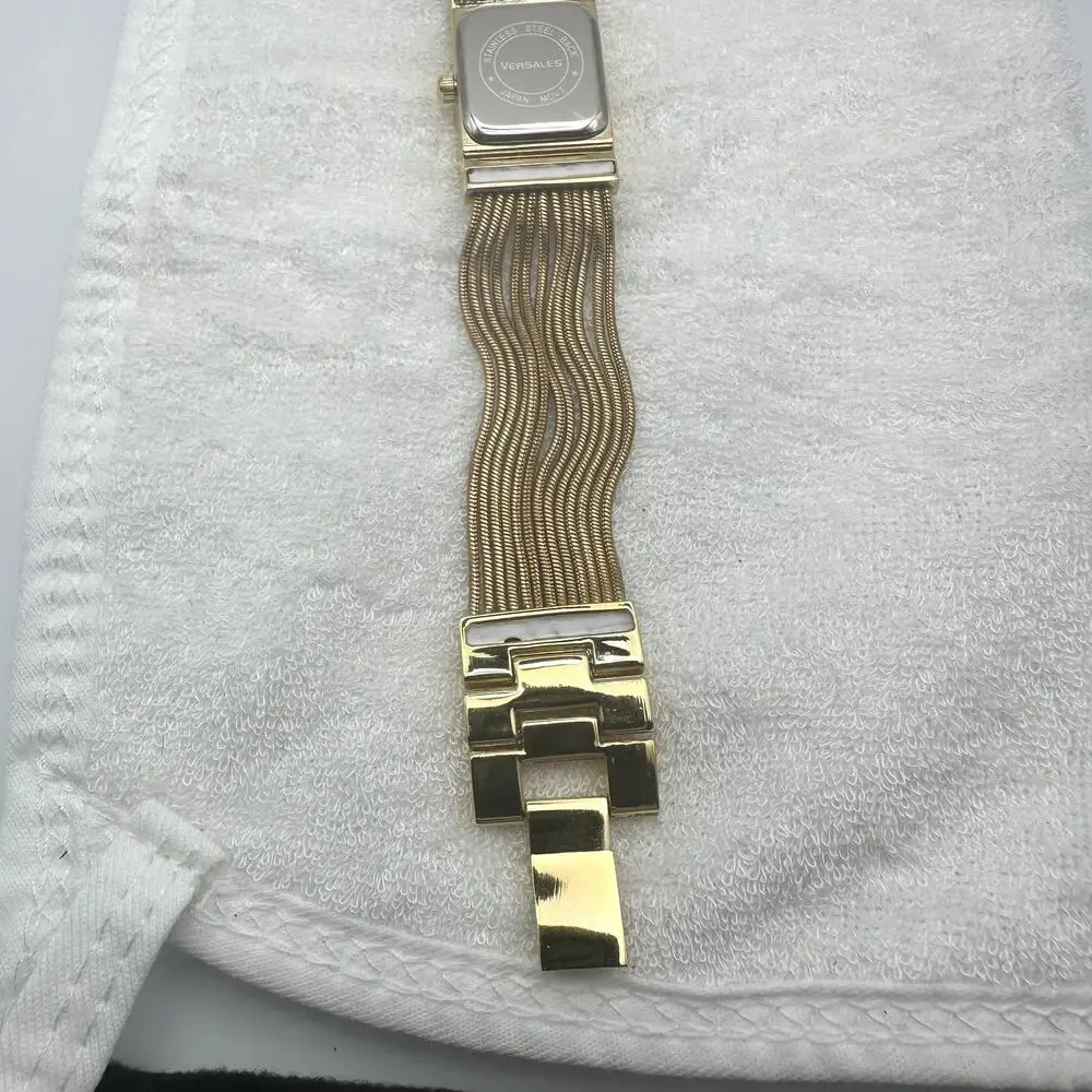 Versales Gold Tone Rectangular Quartz Watch with Crystal Accents, Japan Movt